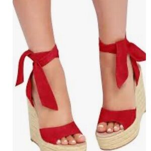 Allegra K Red Ankle Tie Wedge Sandals